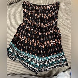 Black and Orange Patterned Strapless Romper